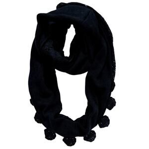 Black Knit Infinity Scarf with Floral Lace Crocheted Macrame Trim Pashmina Shawl